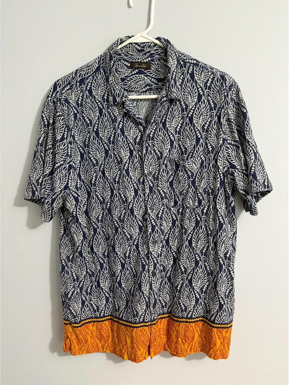 Tasso Elba Mens Silk-Blend S/S Button Up Shirt Large Tropical Navy Orange White